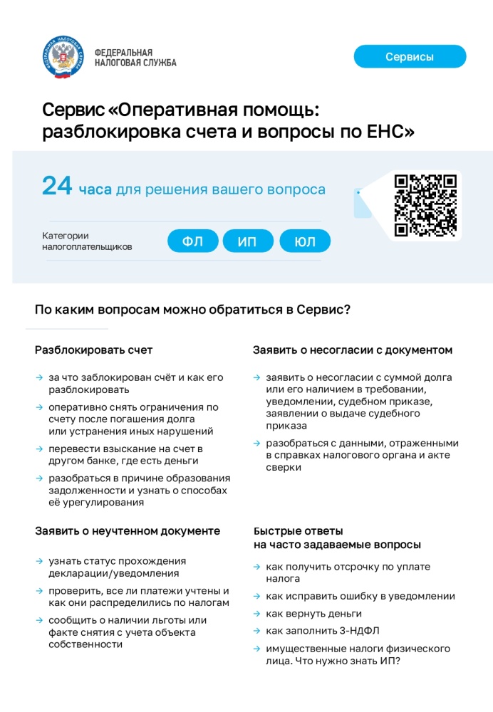 Сервис "Оперативная помощь: разблокировка счета и вопросы по ЕНС"